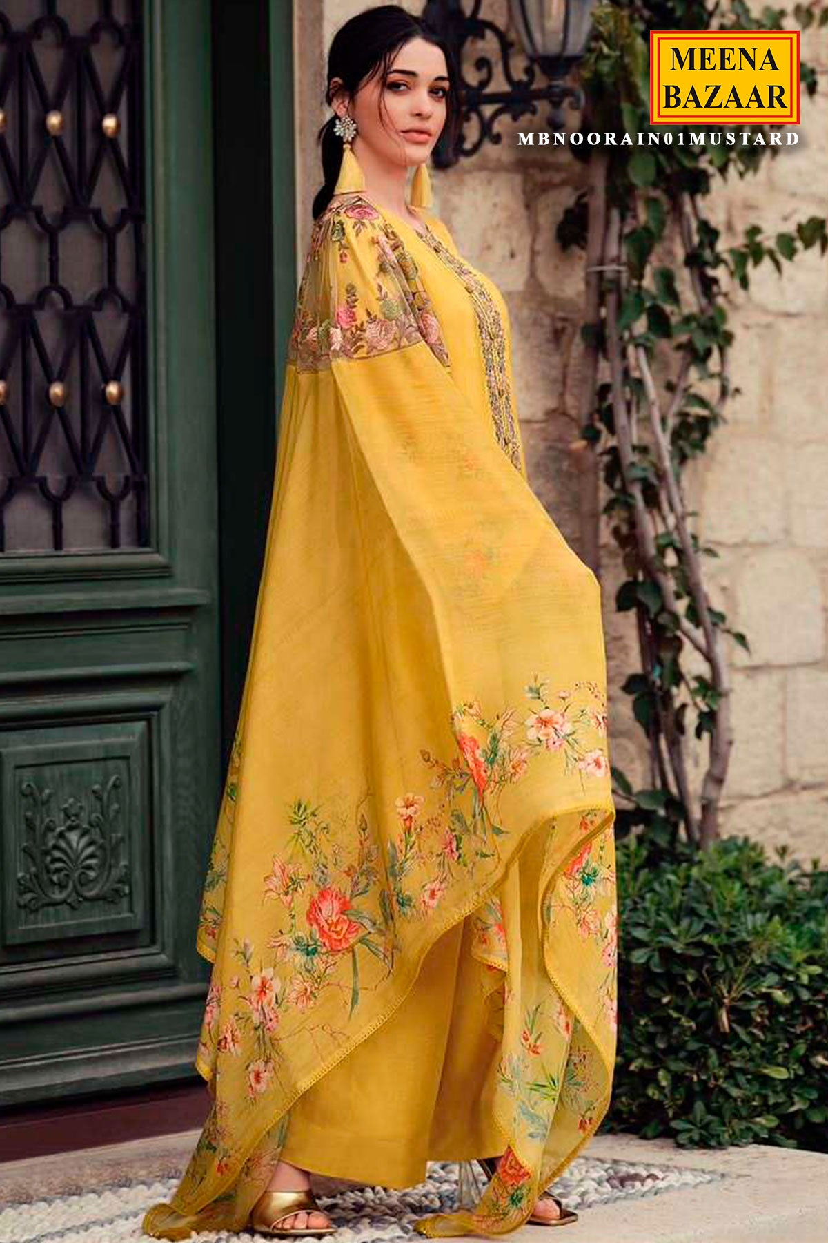 Mustard Modal Silk Floral Printed Zari and Thread Embroidered Suit