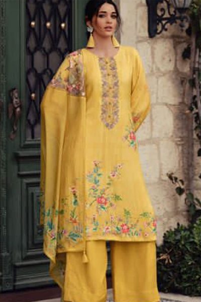 Mustard Modal Silk Floral Printed Zari and Thread Embroidered Suit