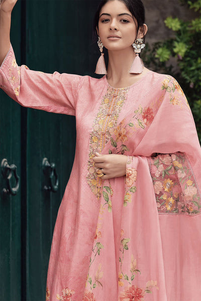 Pink Modal Silk Floral Printed Zari and Thread Embroidered Suit