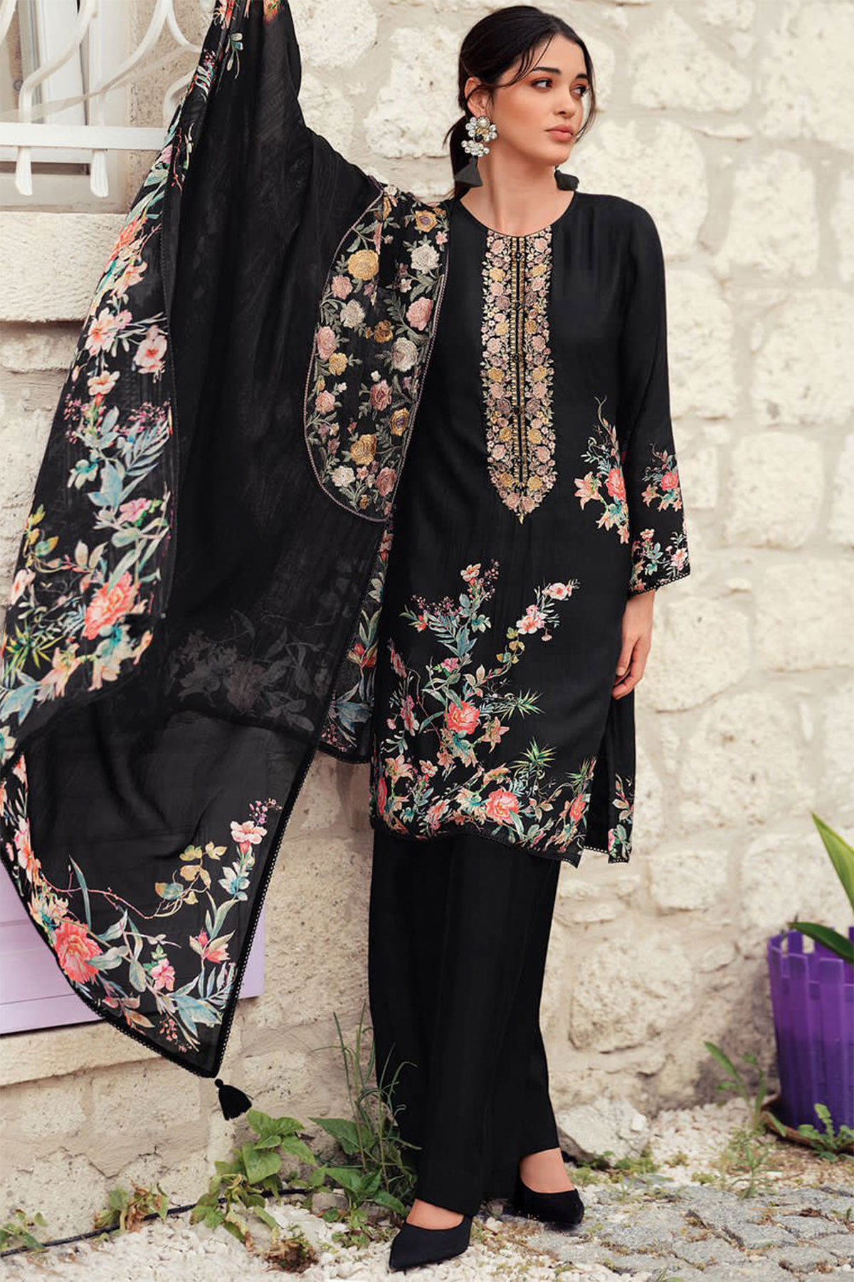 Black Modal Silk Floral Printed Zari and Thread Embroidered Suit