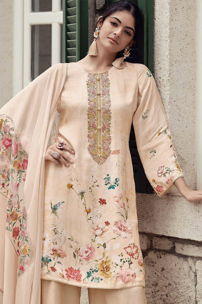 Light Beige Modal Silk Floral Printed Zari and Thread Embroidered Suit