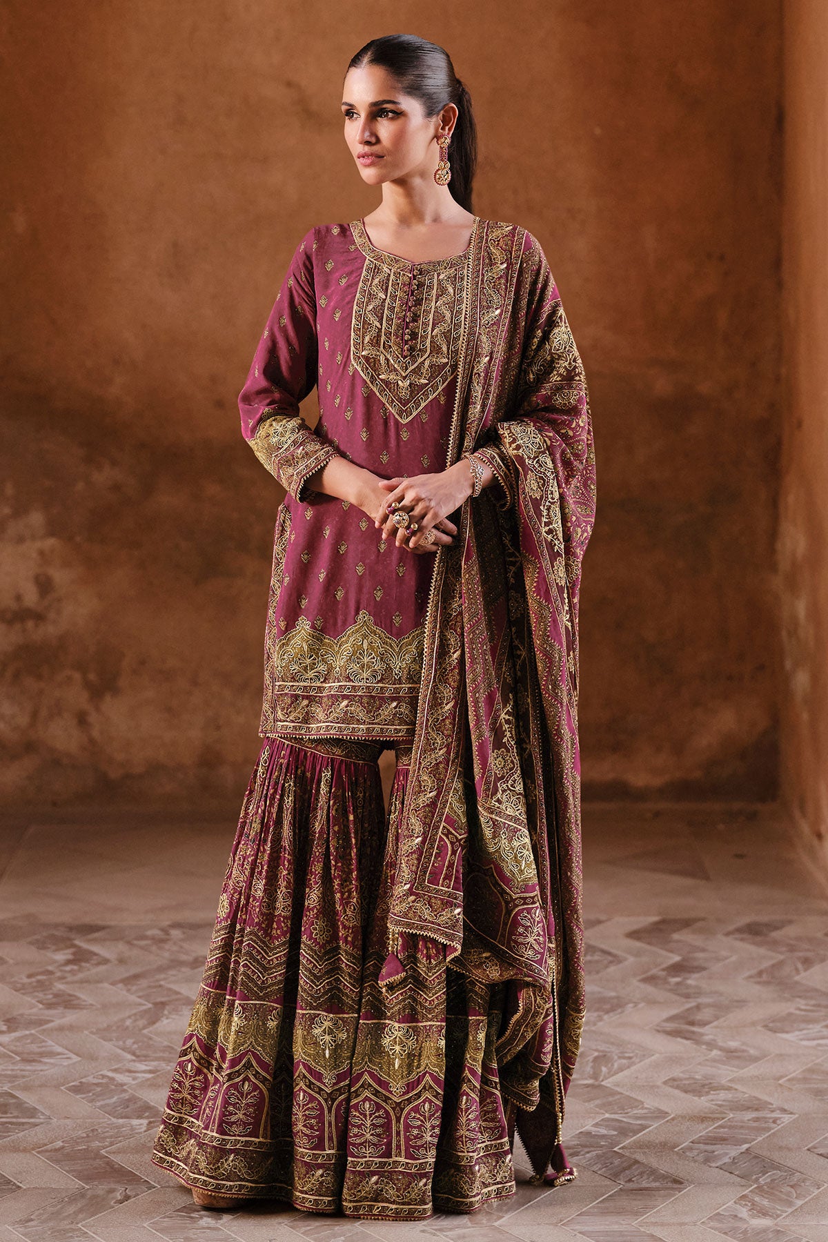 Maroon Crepe Silk Sequin,Gota Patti Embroidered Gharara Suit