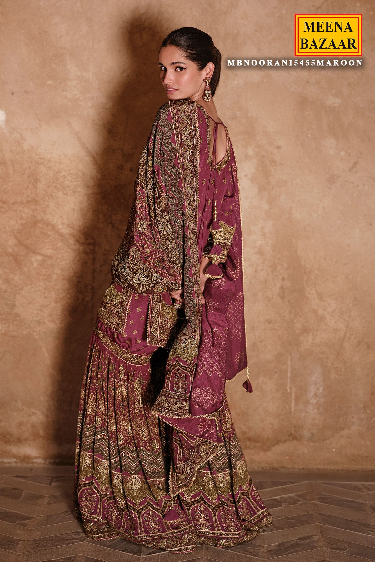 Maroon Crepe Silk Sequin,Gota Patti Embroidered Gharara Suit