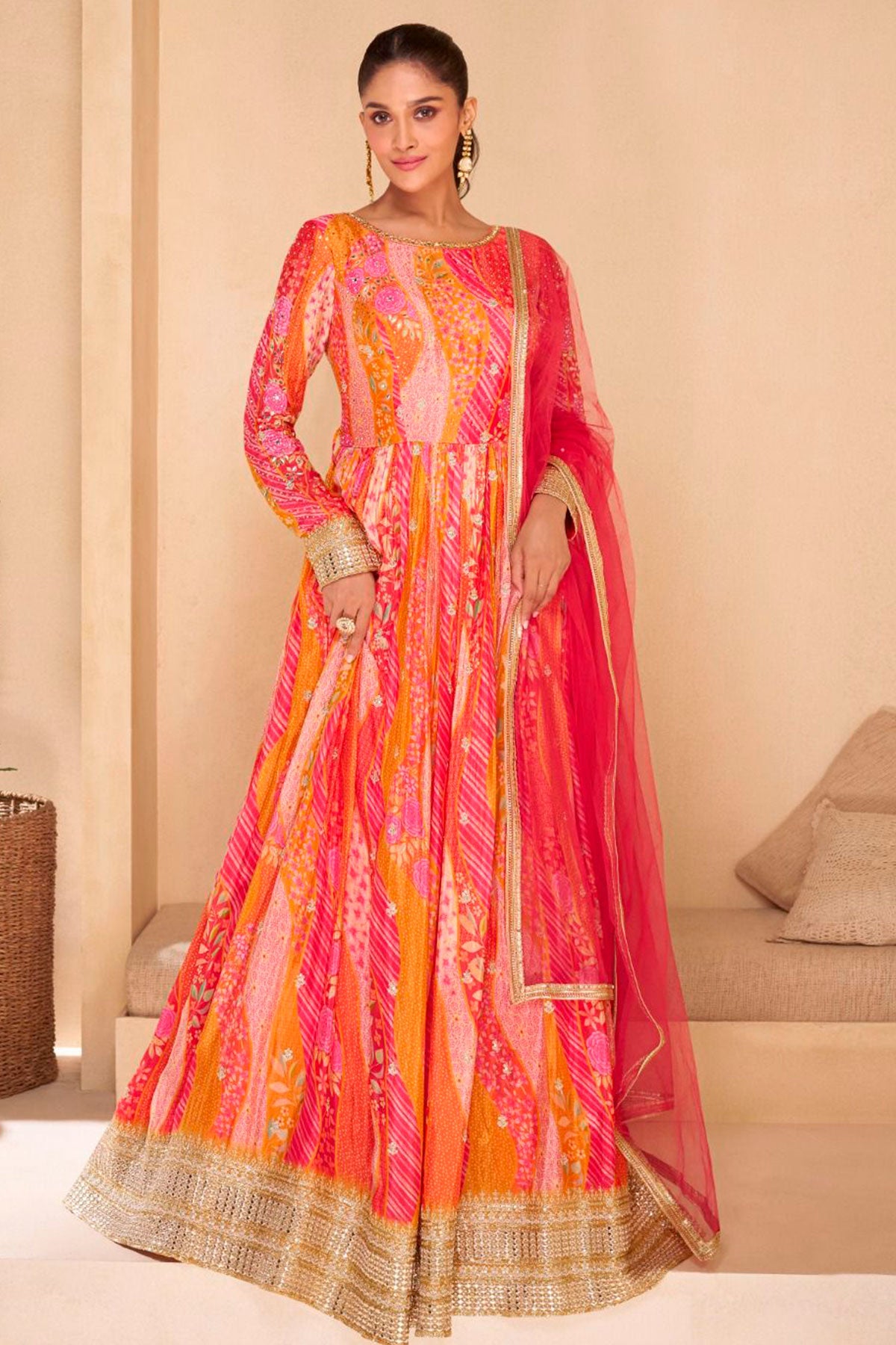 Pink Georgette Printed Anarkali Gown With Dupatta