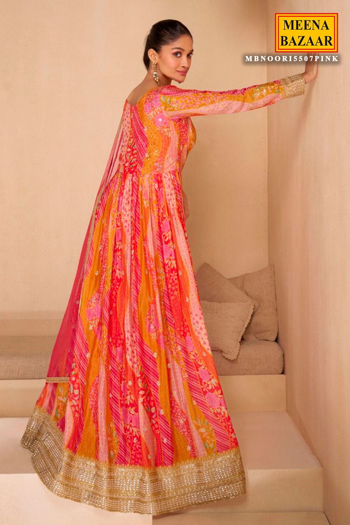 Pink Georgette Printed Anarkali Gown With Dupatta