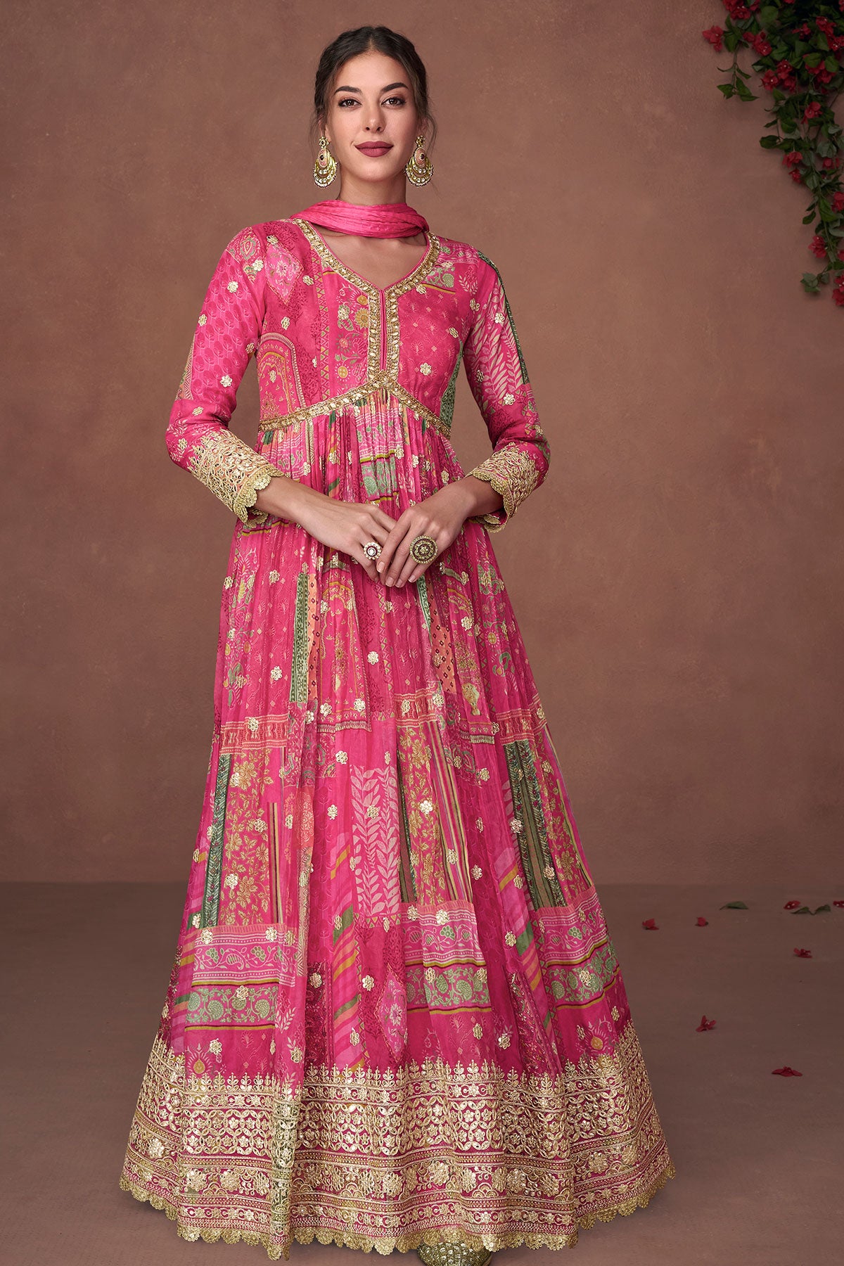 Rani Floral Printed Organza Silk Anarkali Suit With Embroidery Work