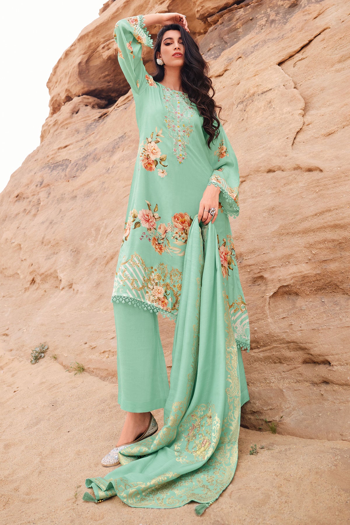 Sea Green Muslin Zari Embroidered Floral Printed Suit Set