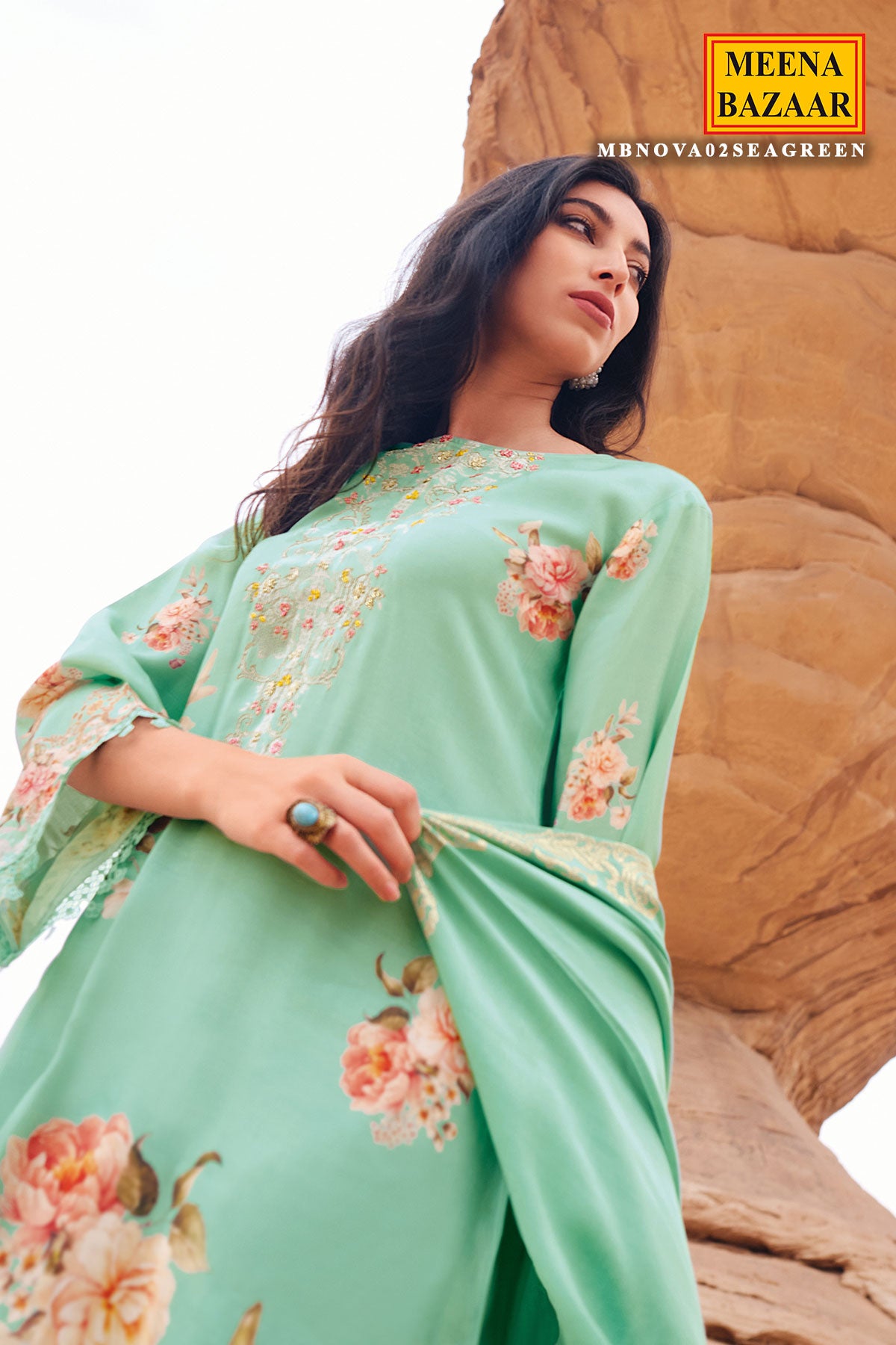 Sea Green Muslin Zari Embroidered Floral Printed Suit Set