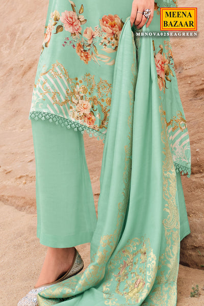 Sea Green Muslin Zari Embroidered Floral Printed Suit Set