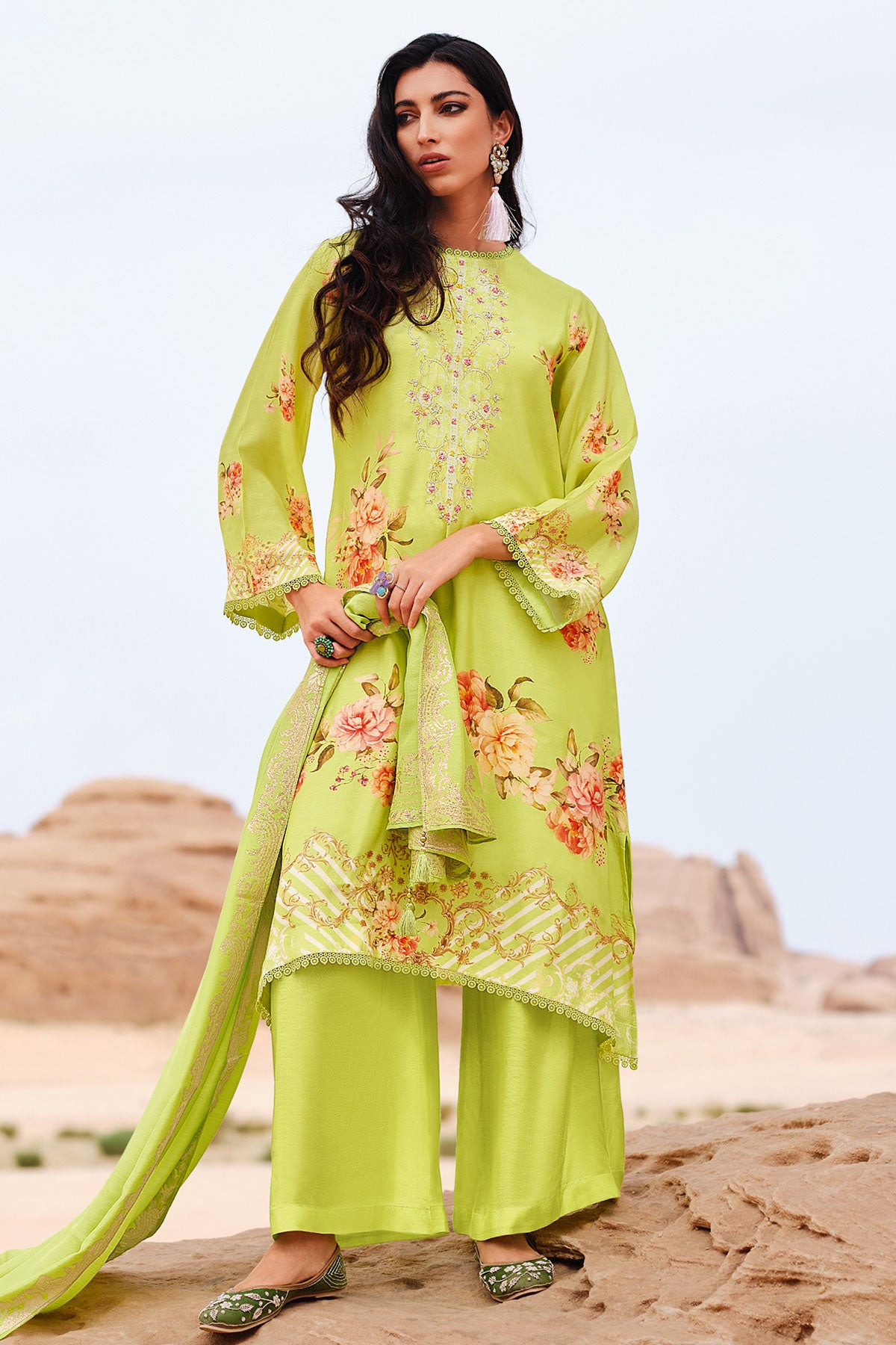 Lemon Green Muslin Zari Embroidered Floral Printed Suit Set