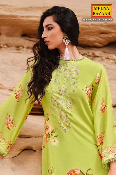 Lemon Green Muslin Zari Embroidered Floral Printed Suit Set