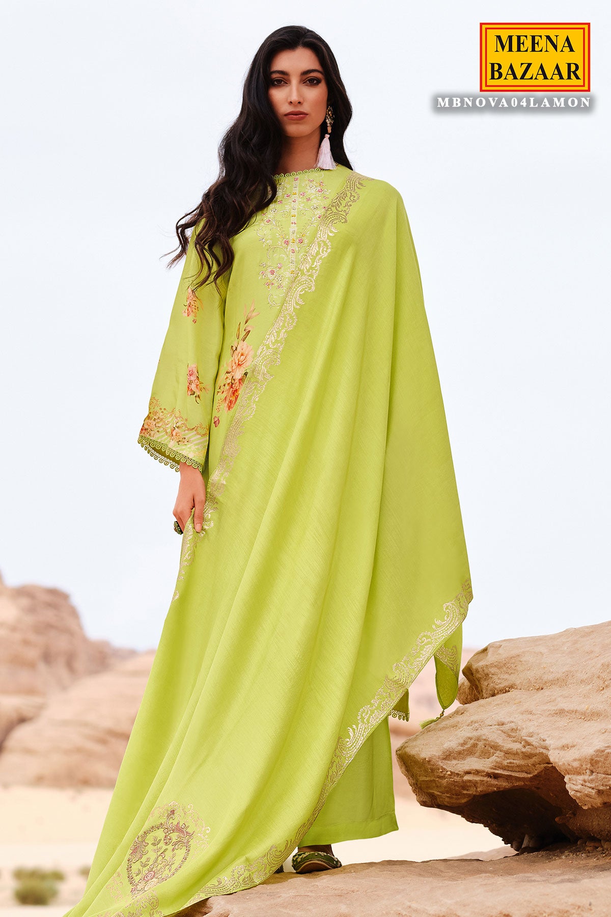 Lemon Green Muslin Zari Embroidered Floral Printed Suit Set