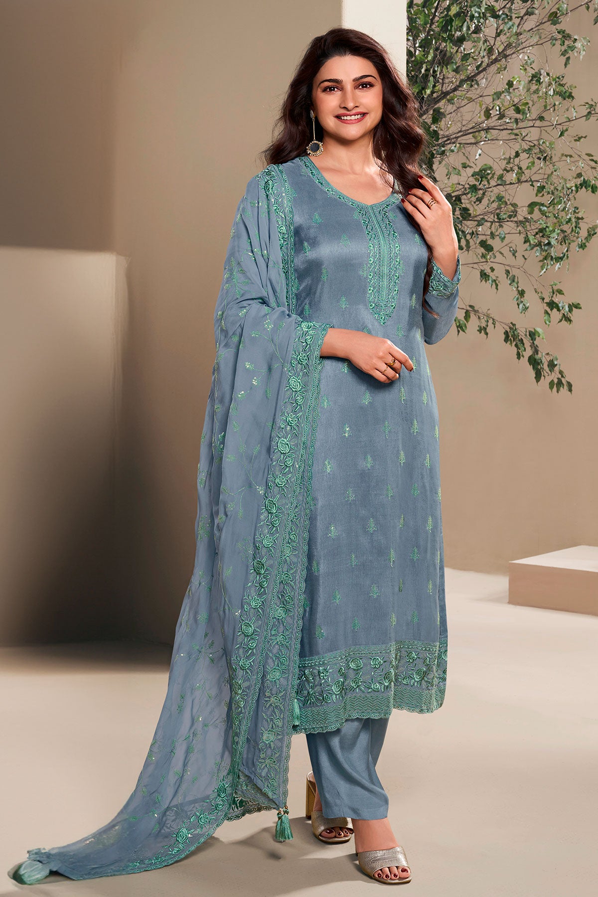 Blue Dola Silk Floral Thread Embroidered Suit Set