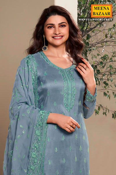 Blue Dola Silk Floral Thread Embroidered Suit Set