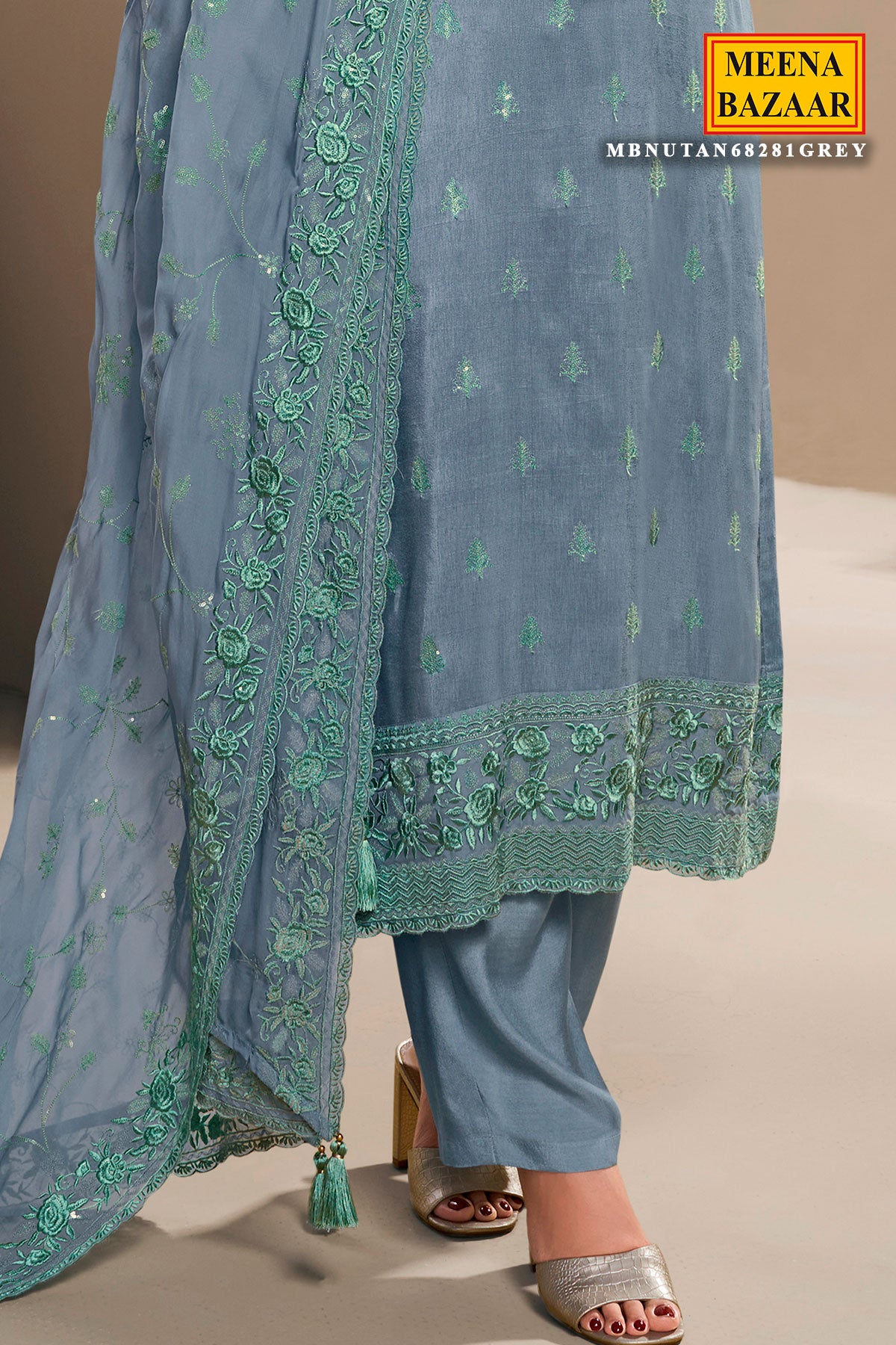 Blue Dola Silk Floral Thread Embroidered Suit Set