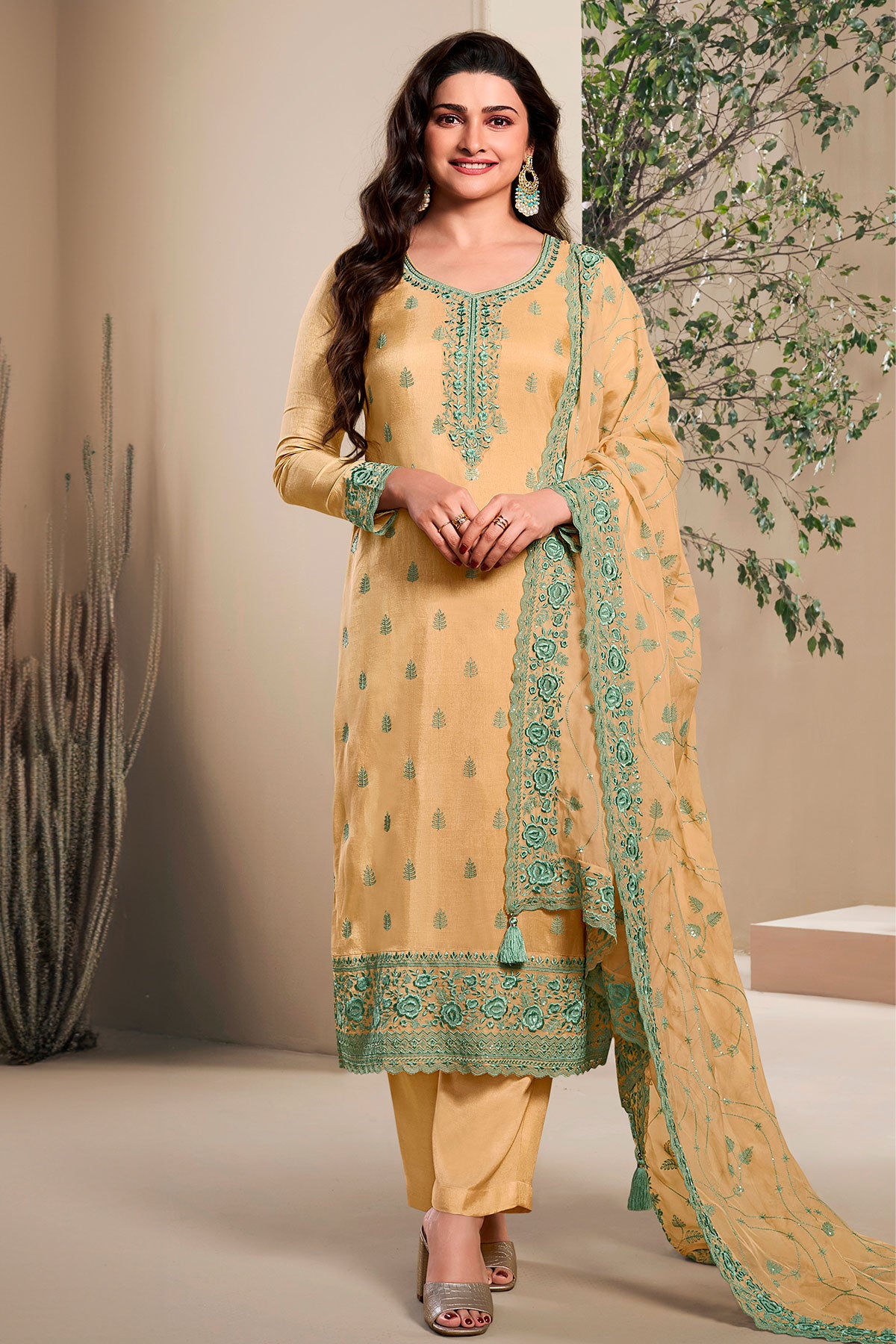 Light Yellow Silk Floral Thread Embroidered Suit Set