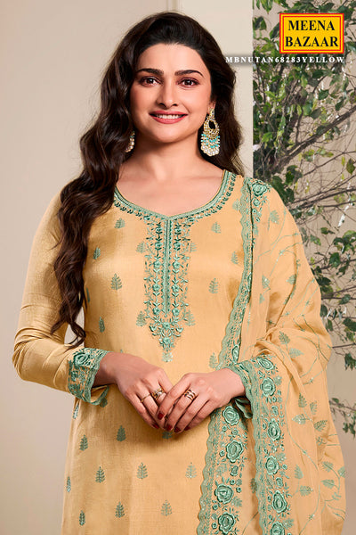 Light Yellow Silk Floral Thread Embroidered Suit Set