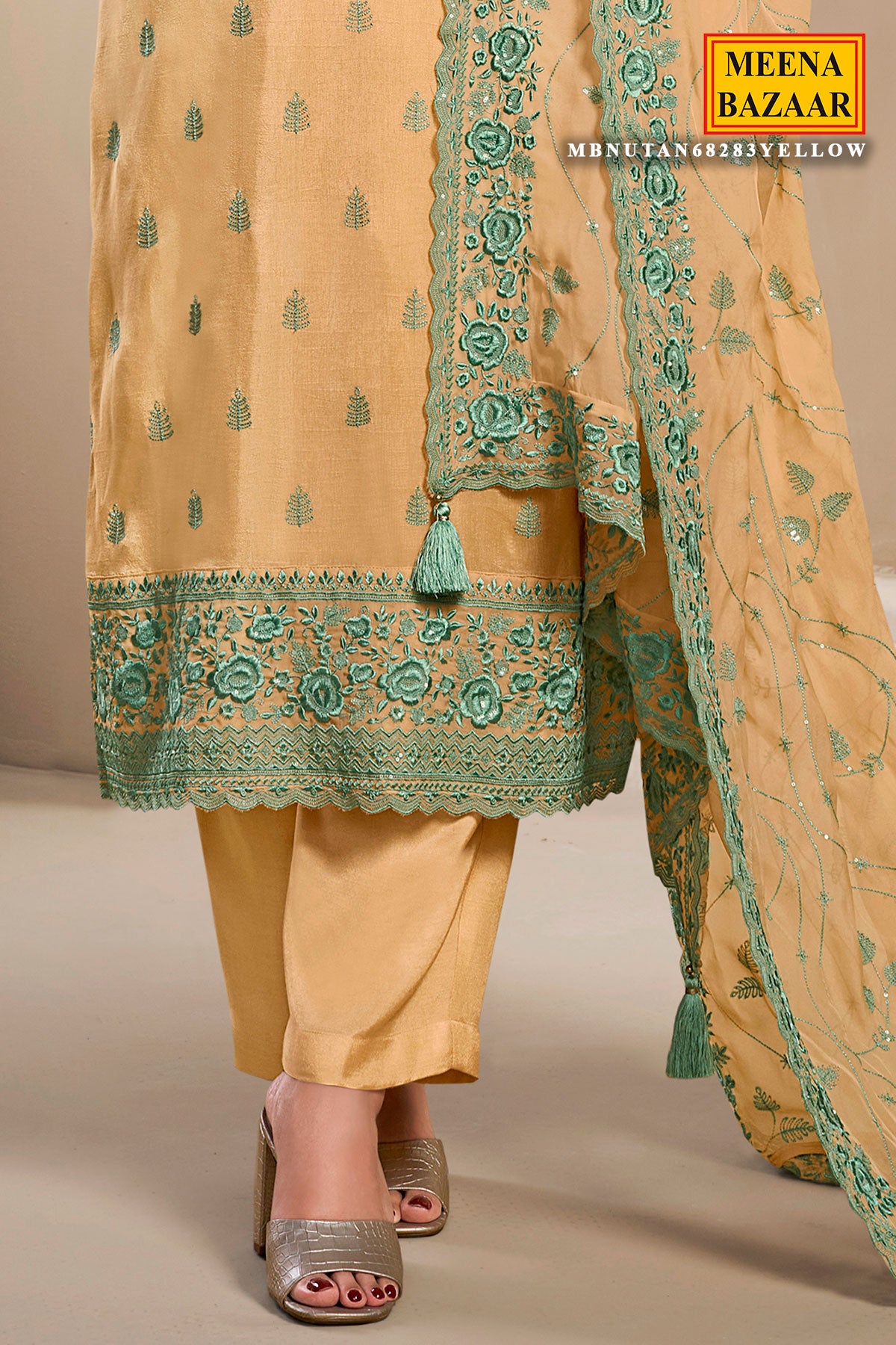 Light Yellow Silk Floral Thread Embroidered Suit Set