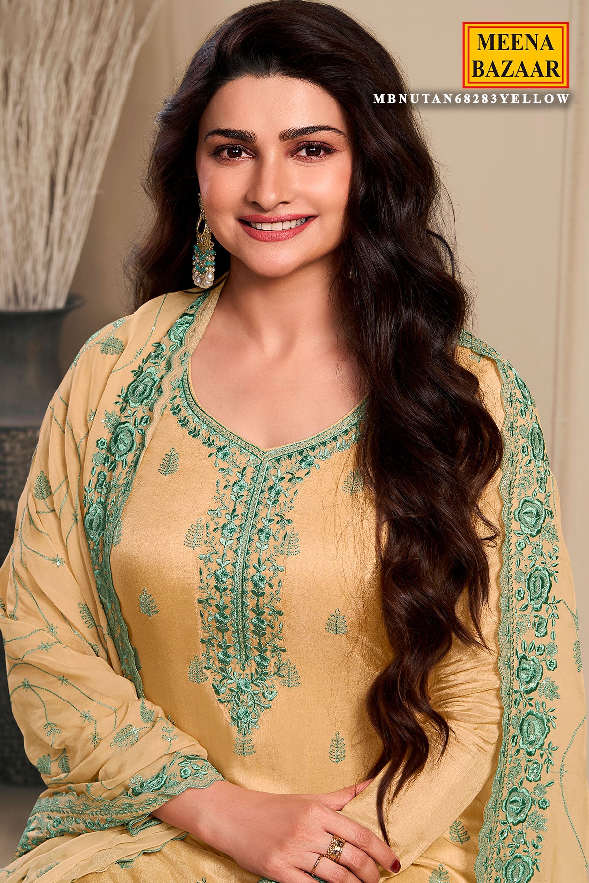 Light Yellow Silk Floral Thread Embroidered Suit Set