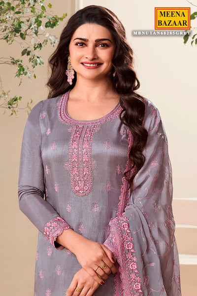 Grey Dola Silk Floral Thread Embroidered Suit Set