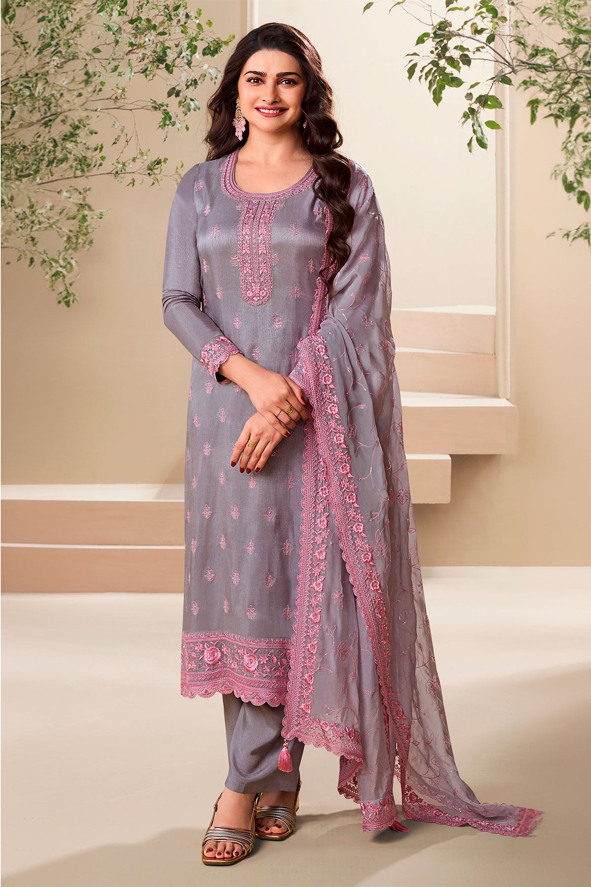 Grey Dola Silk Floral Thread Embroidered Suit Set