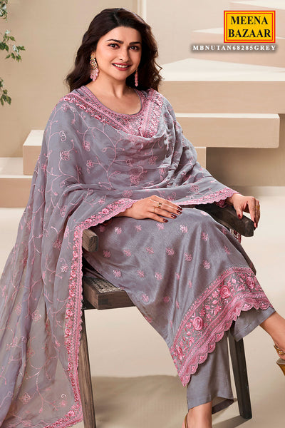 Grey Dola Silk Floral Thread Embroidered Suit Set