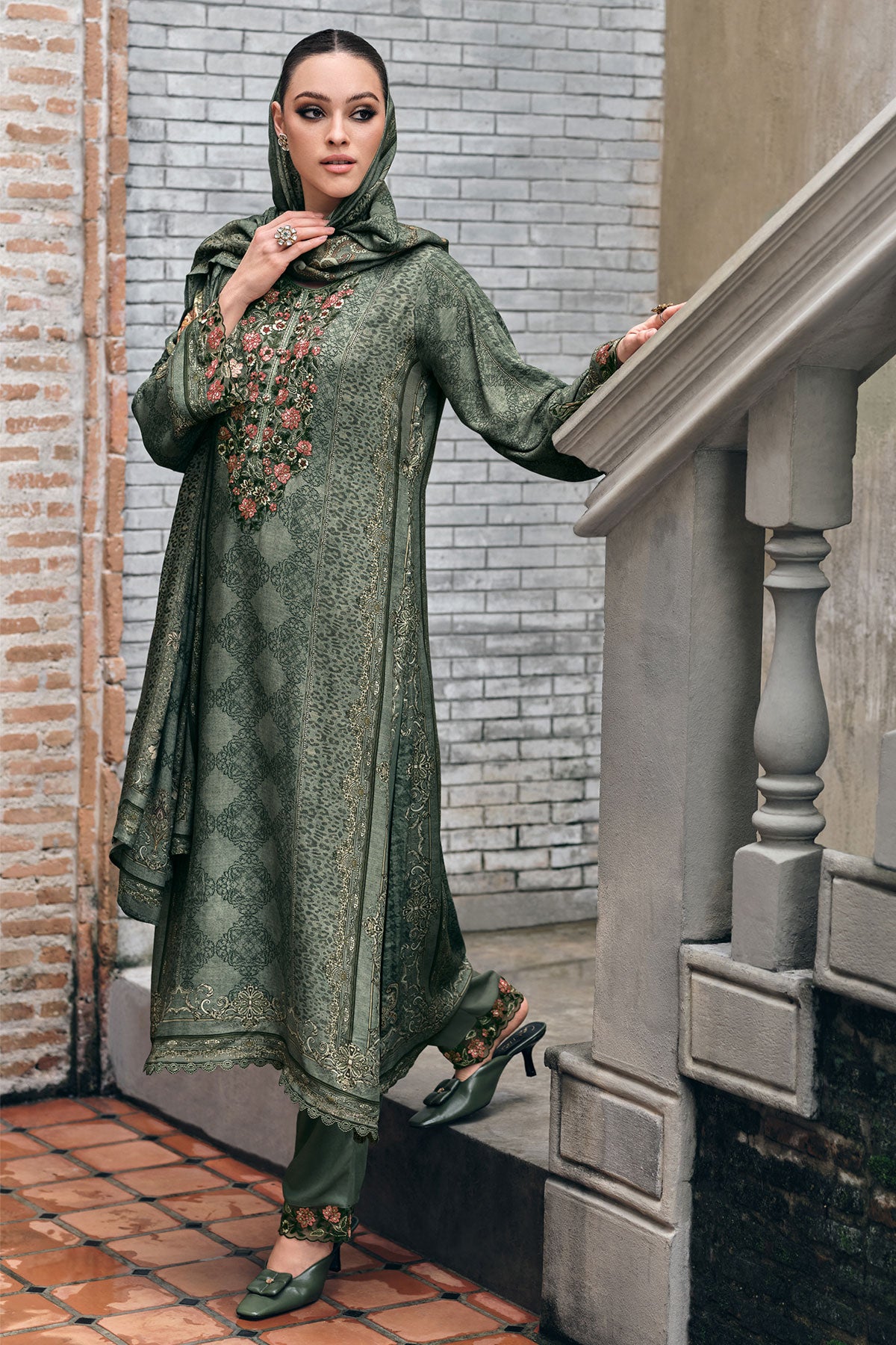 Green Modal Satin Lace Embroidered Printed Suit