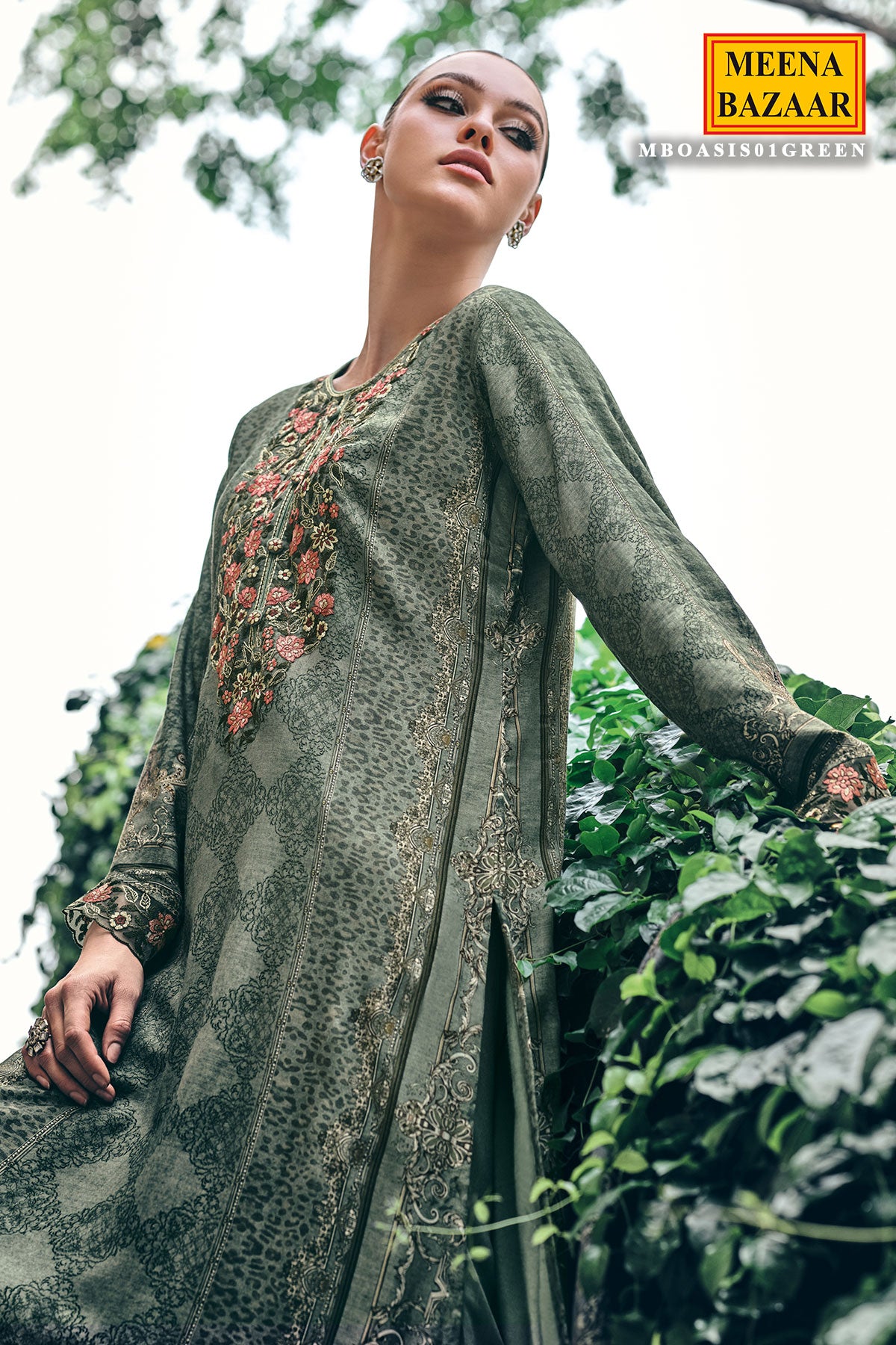 Green Modal Satin Lace Embroidered Printed Suit