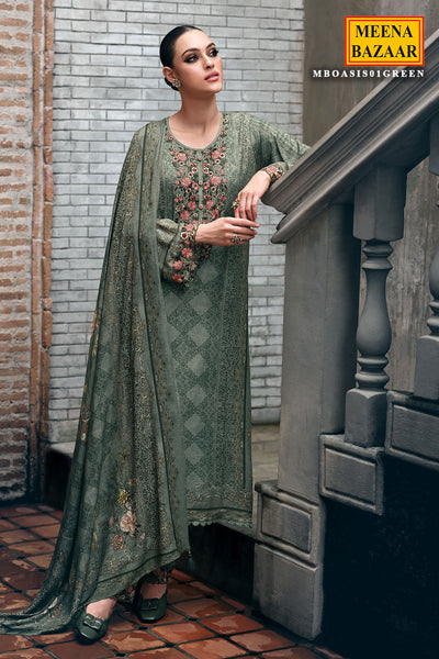 Green Modal Satin Lace Embroidered Printed Suit