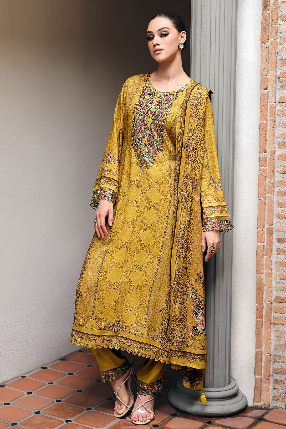 Mustard Modal Satin Lace Embroidered Printed Suit