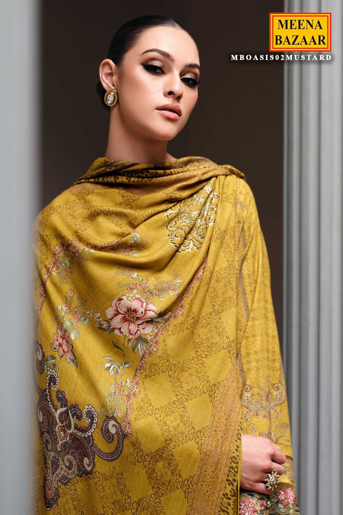 Mustard Modal Satin Lace Embroidered Printed Suit