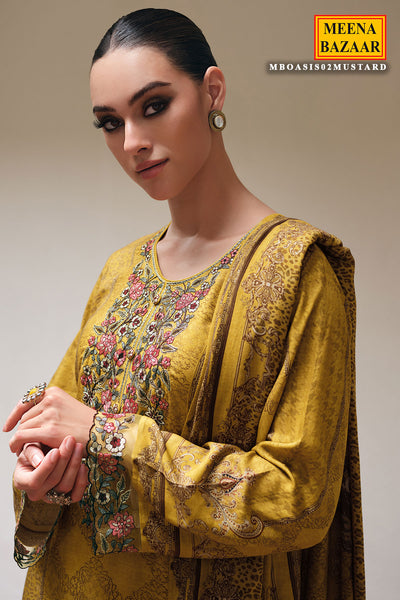 Mustard Modal Satin Lace Embroidered Printed Suit