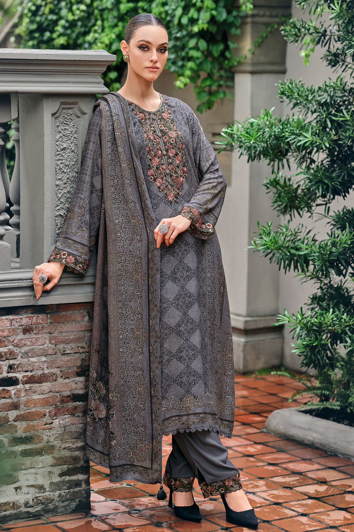 Grey Modal Satin Lace Embroidered Printed Suit