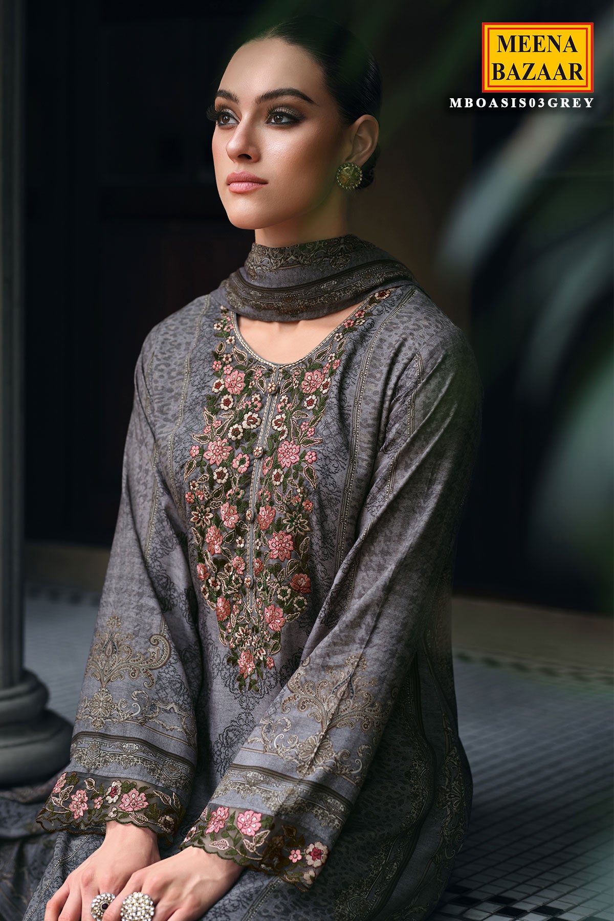 Grey Modal Satin Lace Embroidered Printed Suit