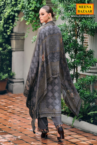 Grey Modal Satin Lace Embroidered Printed Suit