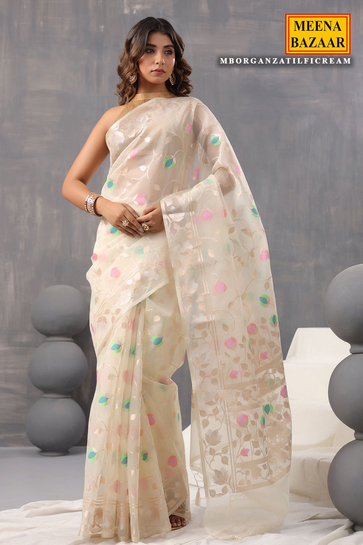 Cream Organza Floral Weaving Saree