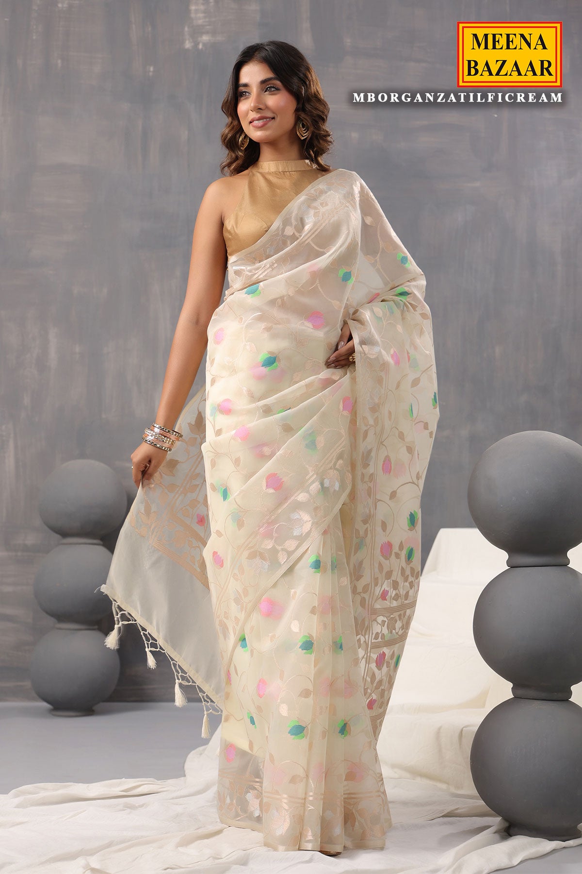 Cream Organza Floral Weaving Saree