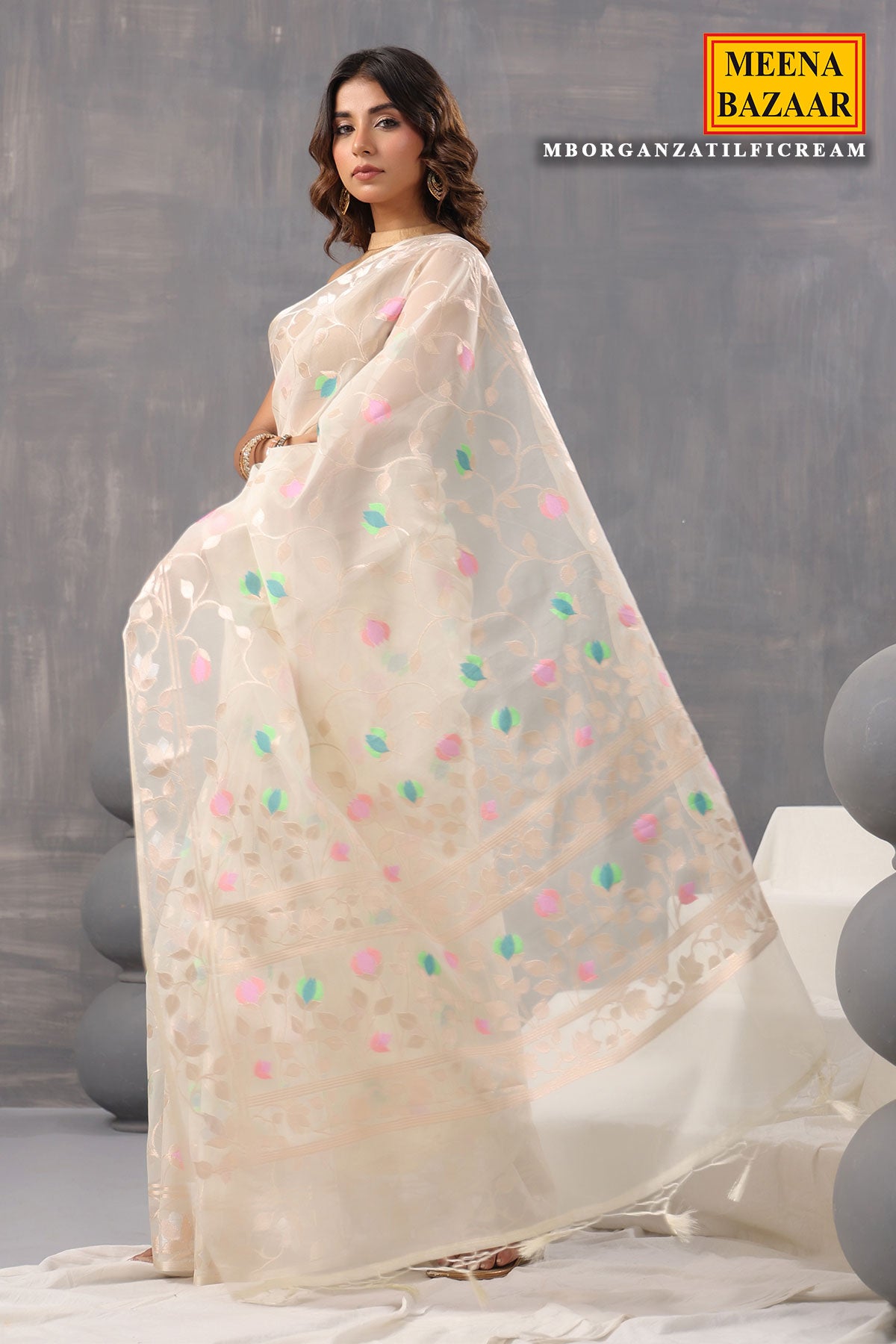 Cream Organza Floral Weaving Saree