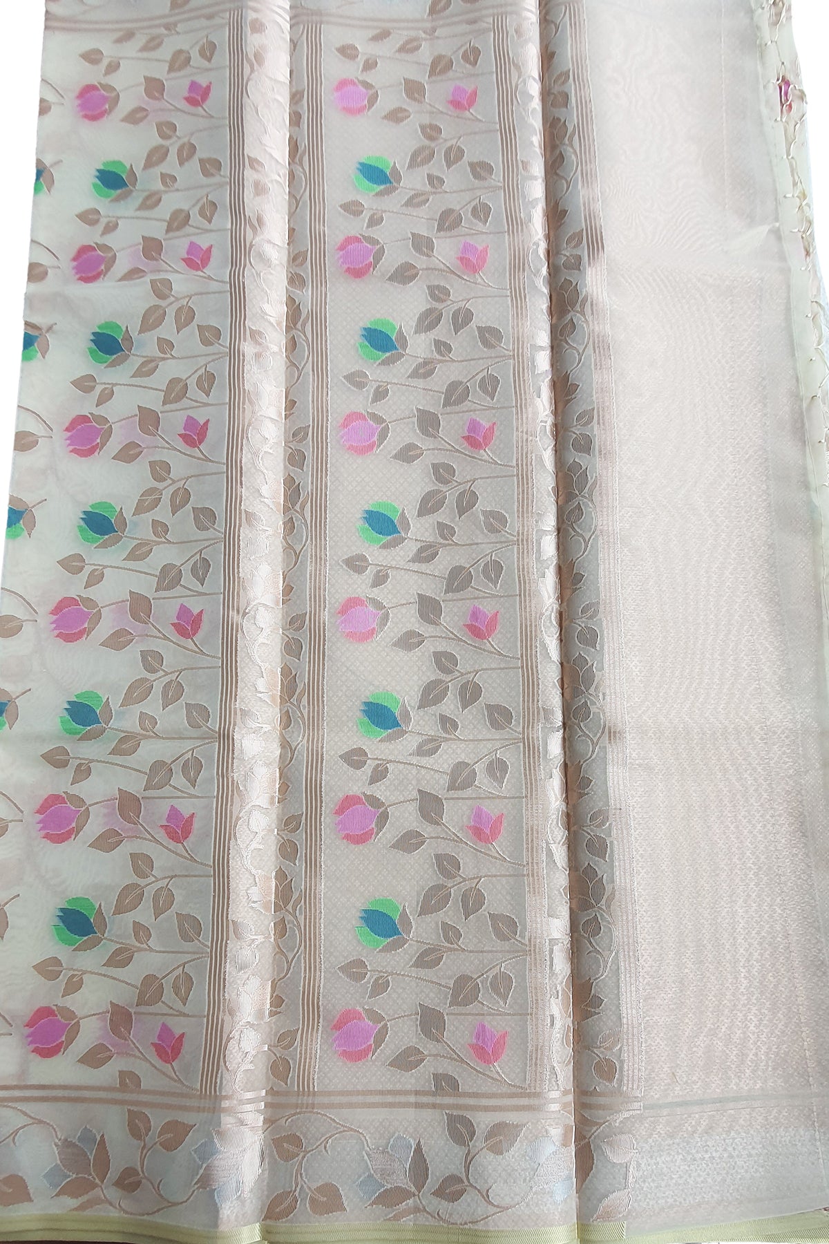 Cream Organza Floral Weaving Saree