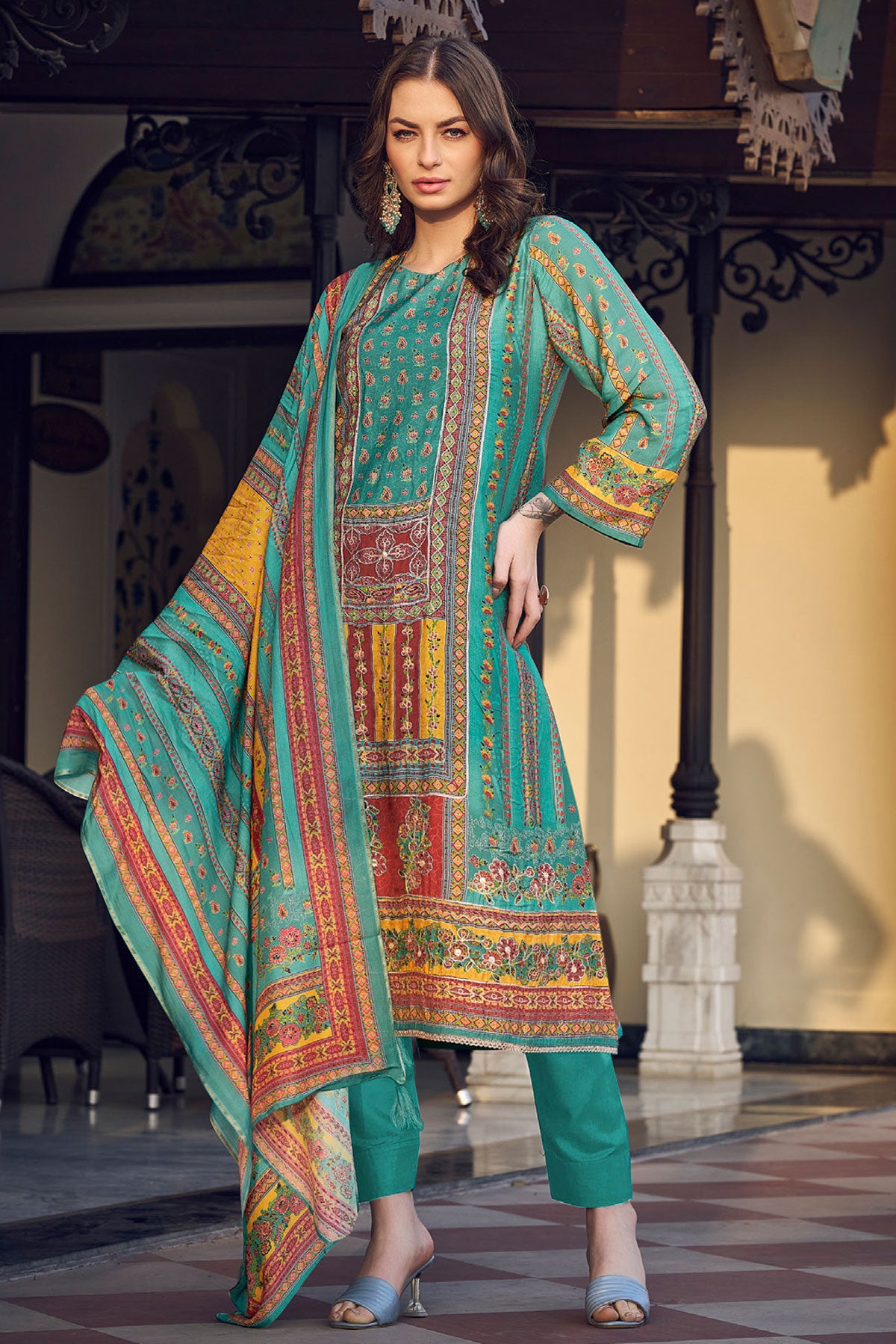 Firozi Digital printed Khatli Work Embroidered Muslin Suit Set