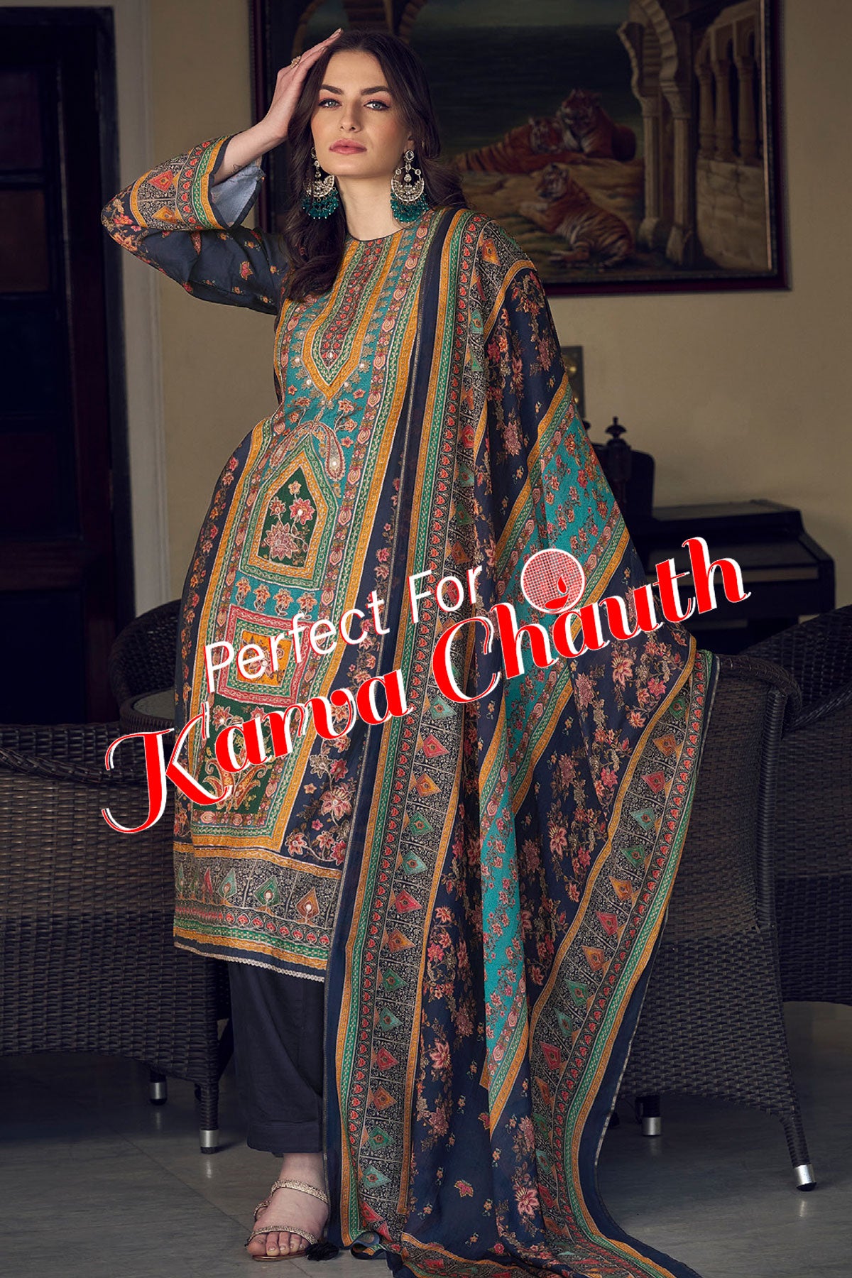 Navy Digital printed Khatli Work Embroidered Muslin Suit Set