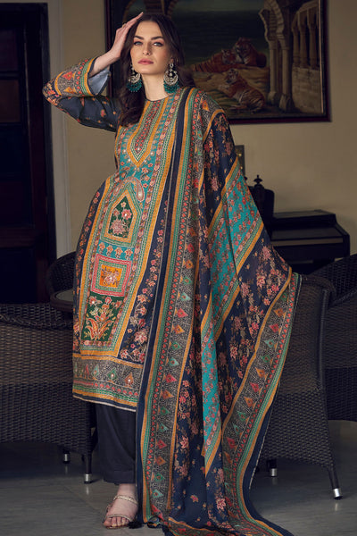 Navy Digital printed Khatli Work Embroidered Muslin Suit Set