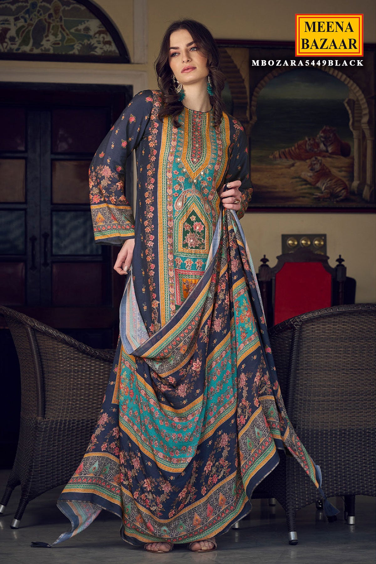 Navy Digital printed Khatli Work Embroidered Muslin Suit Set