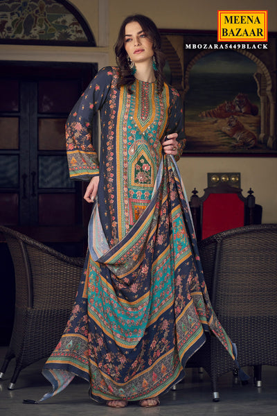 Navy Digital printed Khatli Work Embroidered Muslin Suit Set