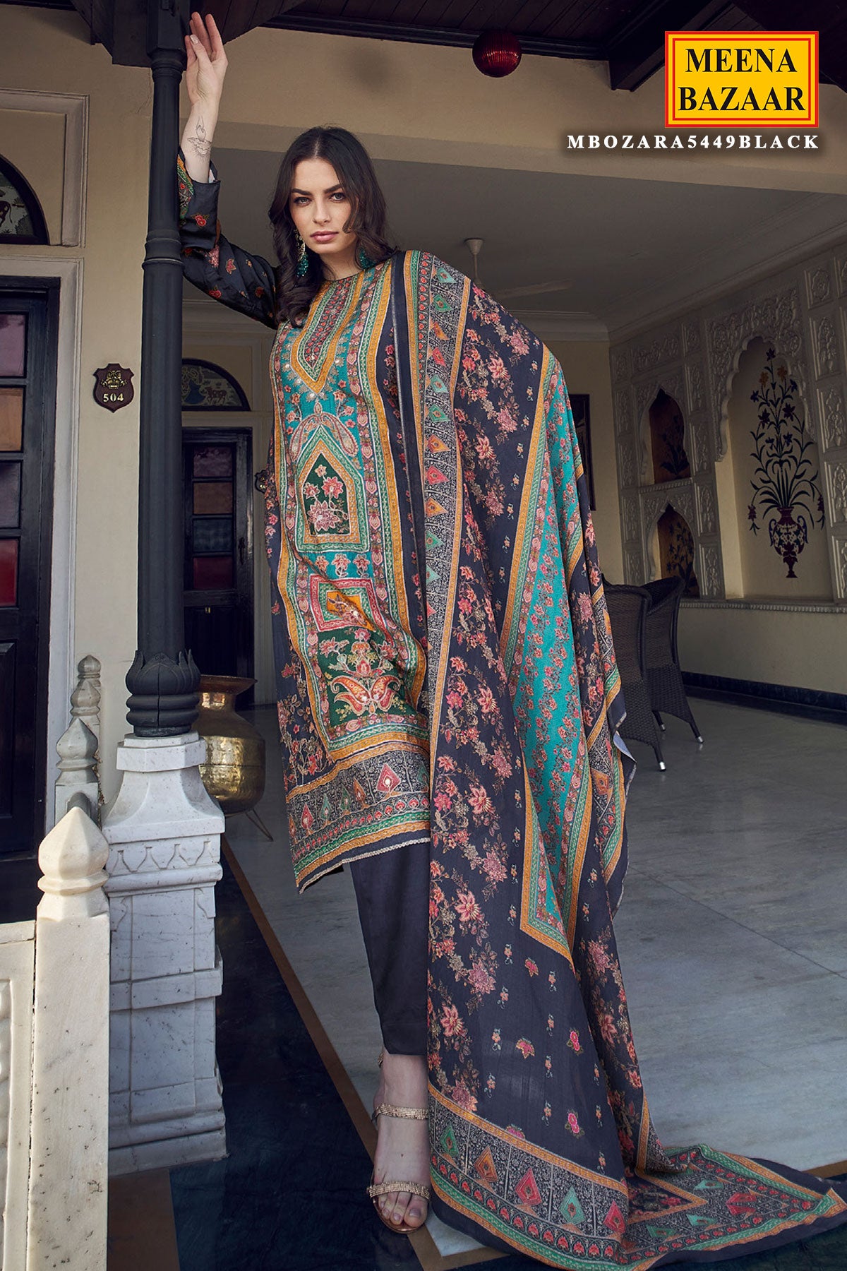 Navy Digital printed Khatli Work Embroidered Muslin Suit Set