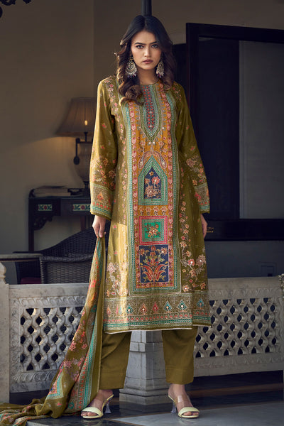 Mehandi Digital printed Khatli Work Embroidered Muslin Suit Set