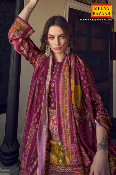 Wine Digital printed Khatli Work Embroidered Muslin Suit Set