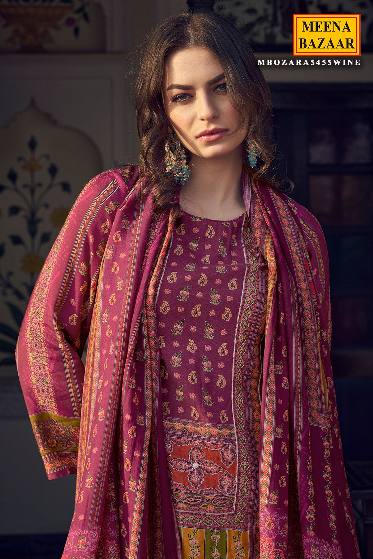 Wine Digital printed Khatli Work Embroidered Muslin Suit Set