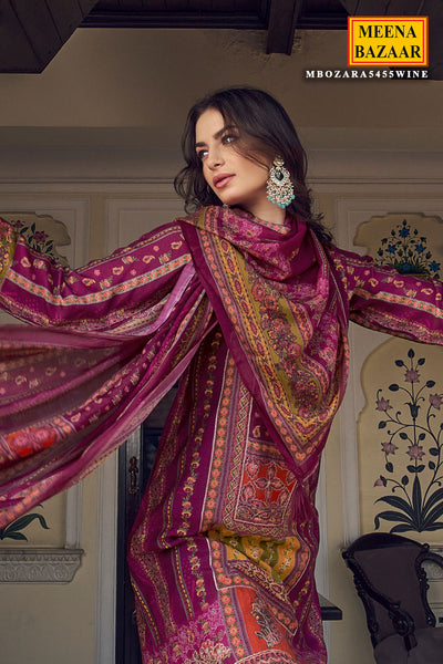 Wine Digital printed Khatli Work Embroidered Muslin Suit Set