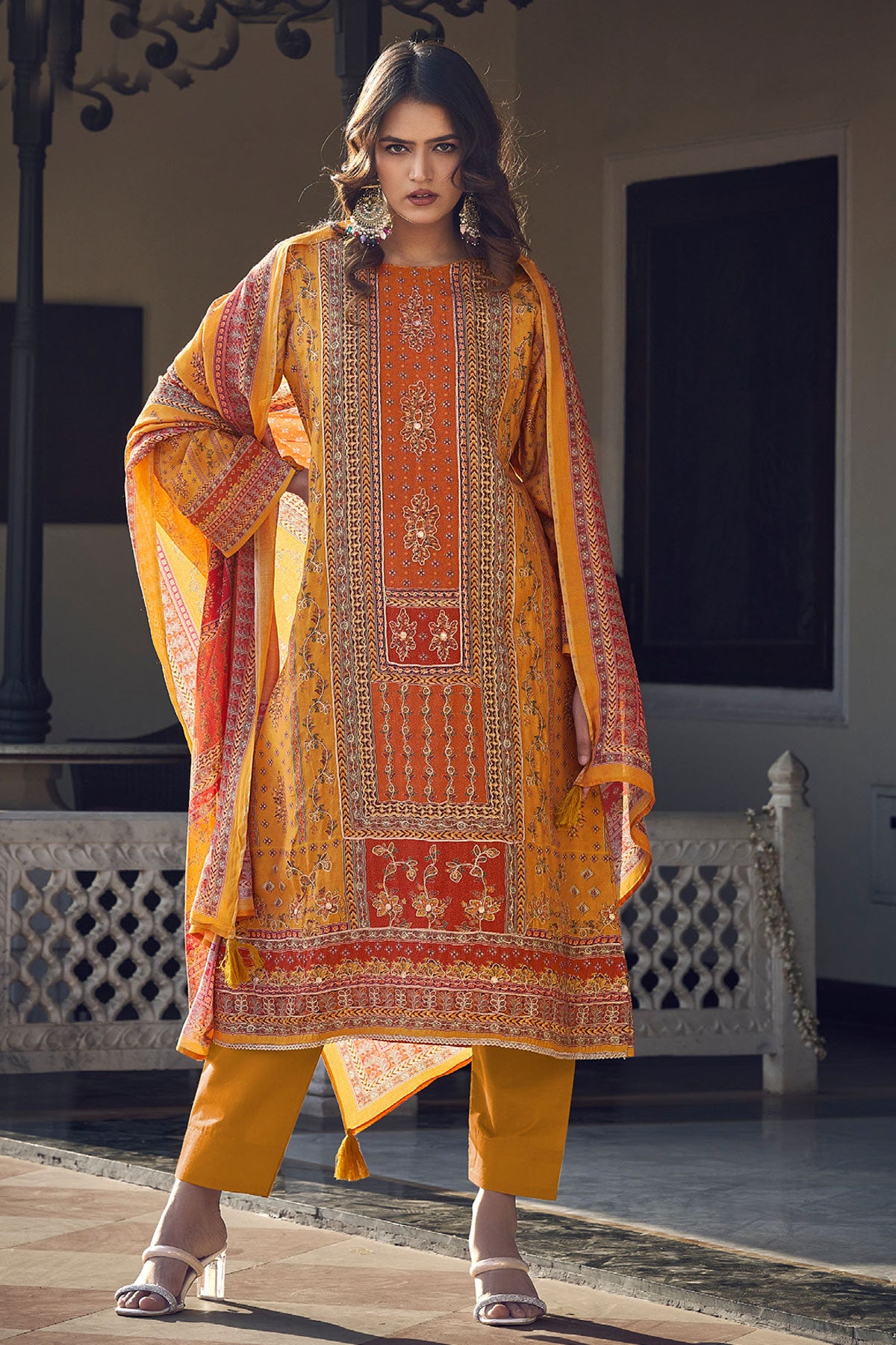 Mustard Digital printed Khatli Work Embroidered Muslin Suit Set